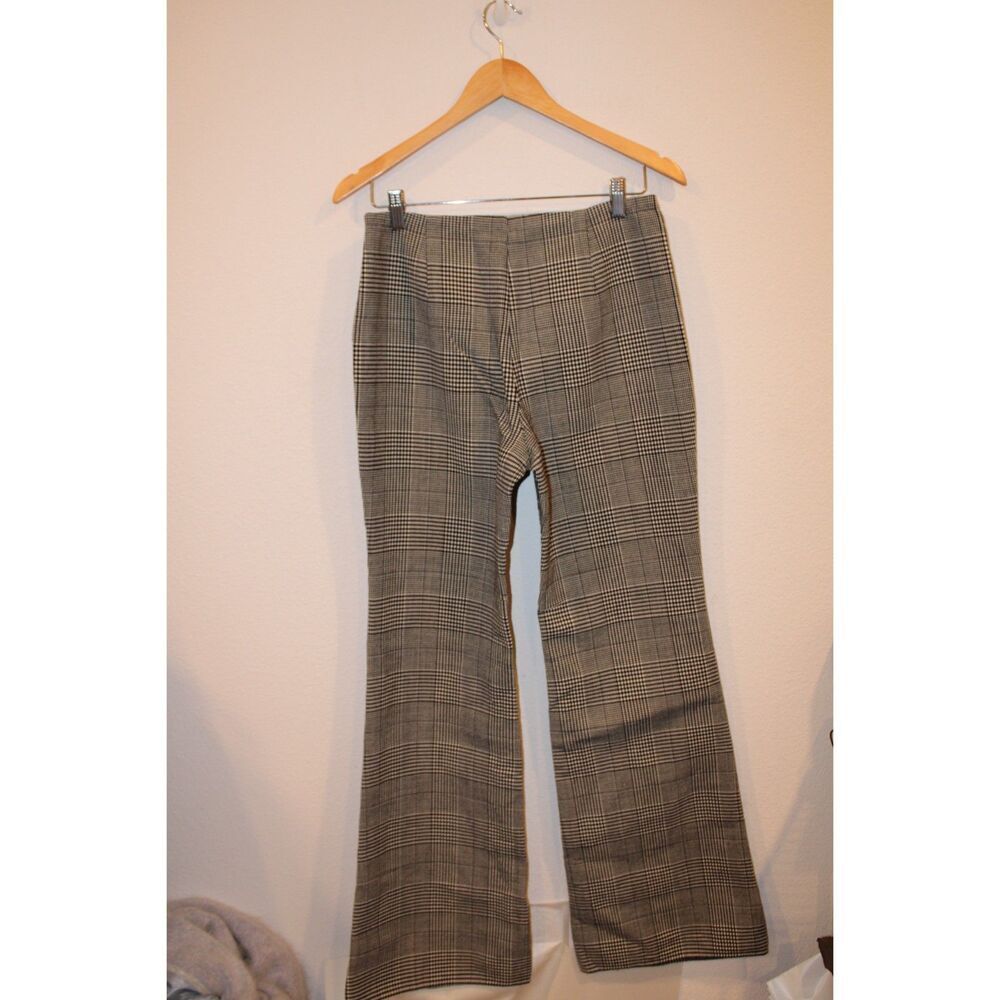 Theory black and white checkered plaid wool blend trousers size 10 side zipper